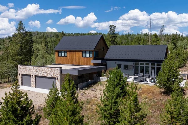 Mountain property exterior with forest backdrop